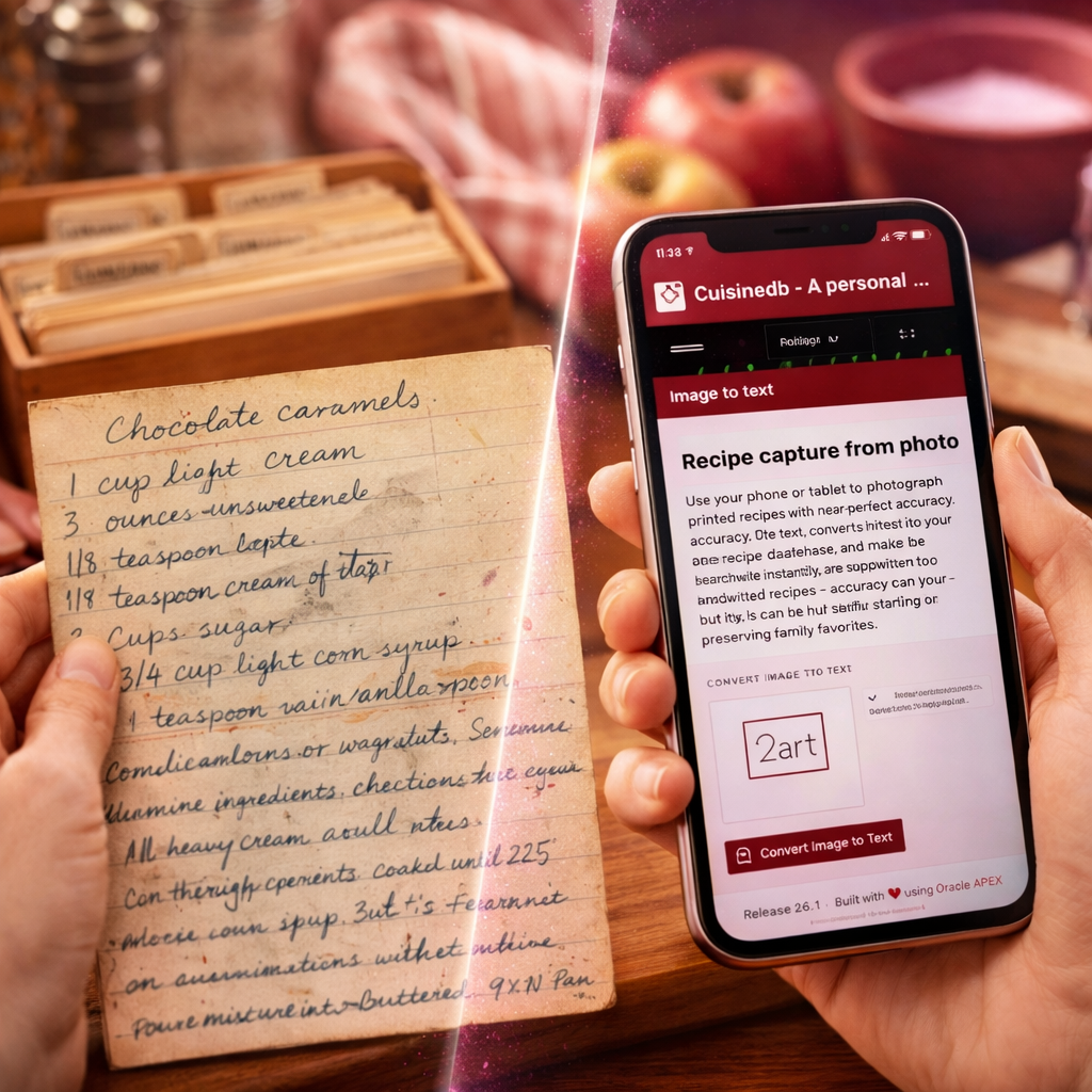 Vintage handwritten recipe card displayed above a digitized recipe in CuisineDB on a tablet